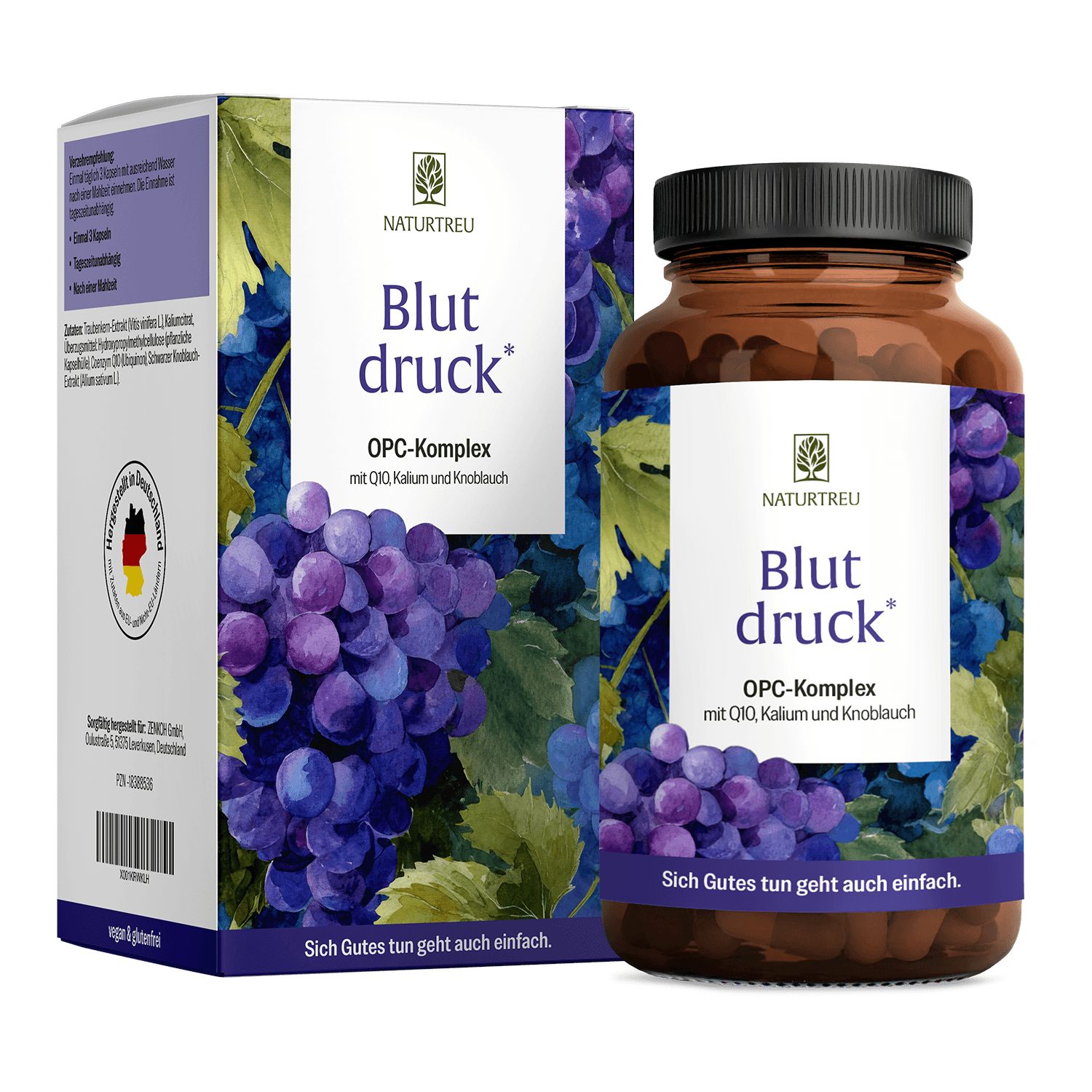 NATURTREU Blutdruck OPC-Komplex Kapseln mit Traubenkern Extrakt, Q10, Kalium und Knoblauch. Braune Dose und Faltschachtel mit Traubenmotiv.