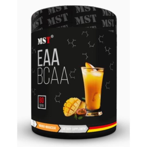 Schwarzer Behälter mit MST EAA BCAA Mango-Maracuja Pulver, 80 Portionen.