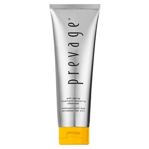 Silberne Tube mit gelbem Klappdeckel. Prevage Anti-Aging Boosting Cleanser Aufschrift.