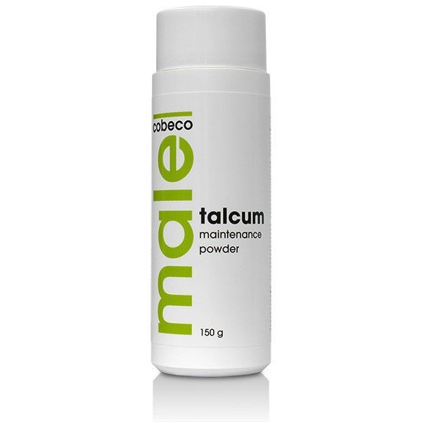 Weißer Behälter mit grünem Schriftzug "male" und "talcum maintenance powder". Aufschrift "150 g".