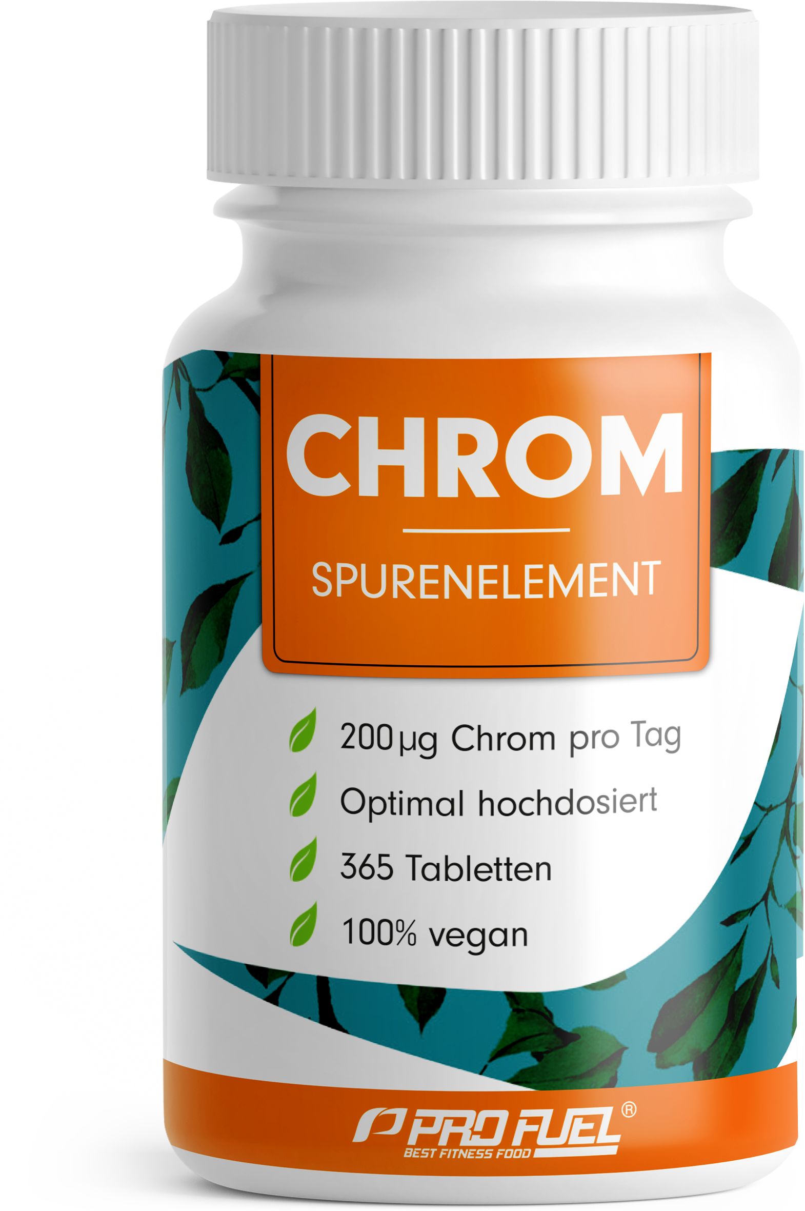 Weiße Flasche mit orangefarbenem Etikett. Aufschrift: CHROM Spurenelement. Enthält 200µg Chrom, 365 Tabletten, 100% vegan.