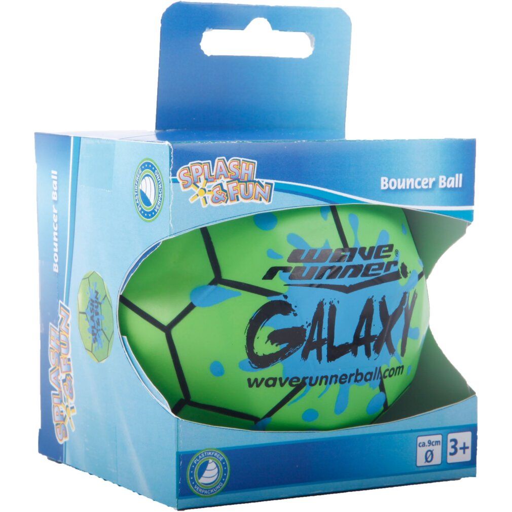 Grüner Bouncer Ball in Verpackung. Aufdruck: Wave Runner Galaxy. Größe ca. 9cm. Altersempfehlung 3+. Verpackung mit Aufhänger.