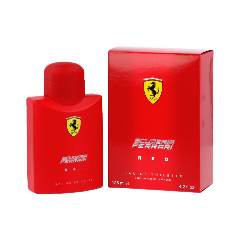 Rotes Eau de Toilette und Verpackung. Logo und Schriftzug Scuderia Ferrari Red. 125 ml.