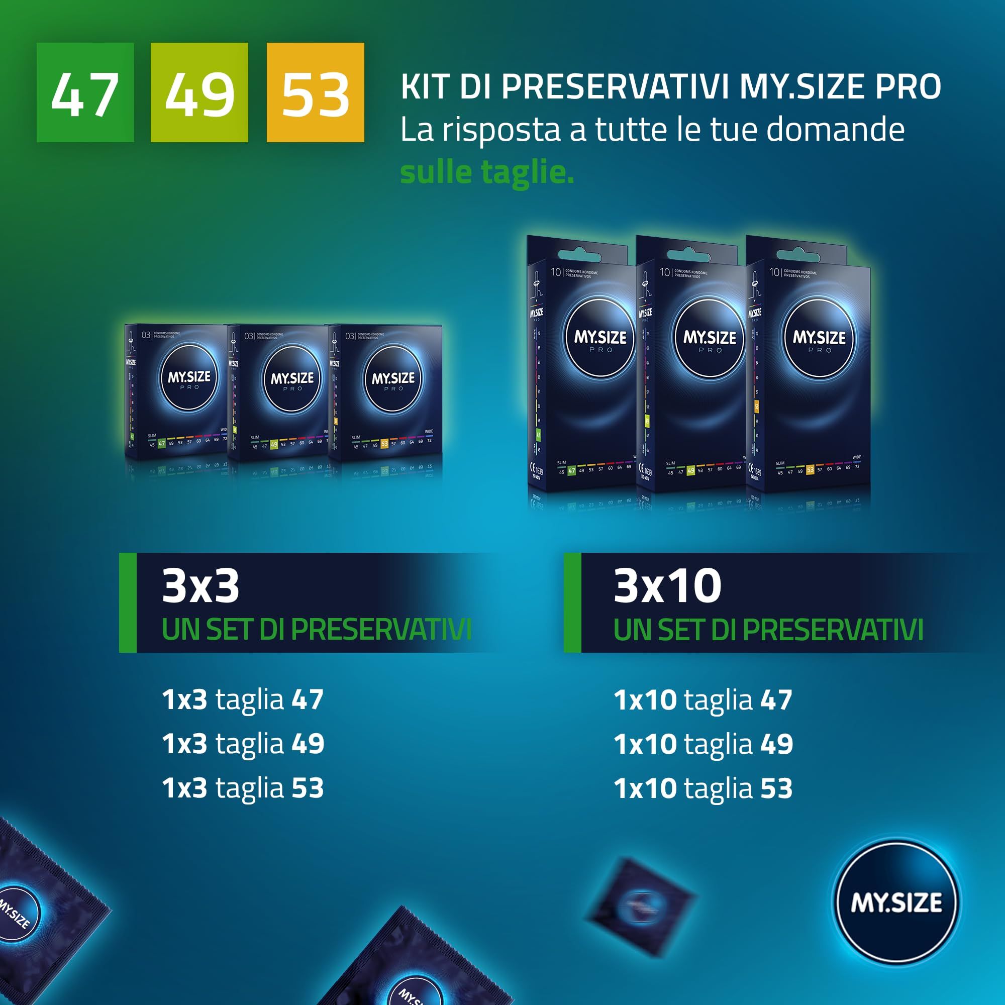 Paar umarmt sich, umgeben von My.Size PRO Kondompackungen und einzelnen Kondomen.