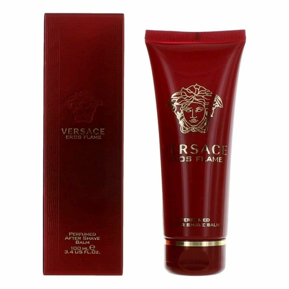 Rote Tube und Schachtel. Tube mit goldfarbenem Logo und Schriftzug. "VERSACE EROS FLAME" und "AFTER SHAVE BALM" sind sichtbar.