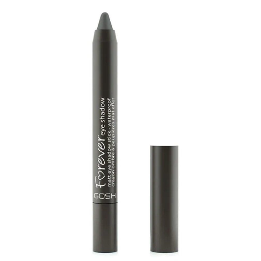 Gosh Forever Matt Eyeshadow 12 Dark Grey. Dunkelgrauer Lidschattenstift mit abgenommenem Deckel. Produktname und Marke sichtbar.