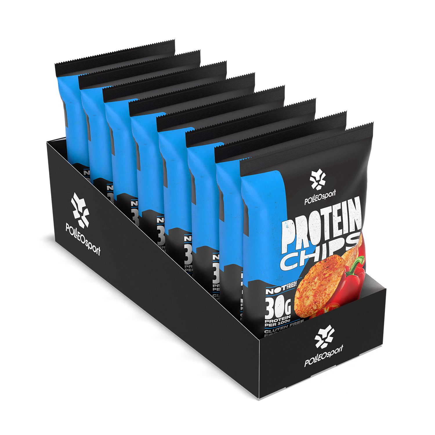 Schwarze Displaybox mit blauen und schwarzen Protein Chips-Beuteln. Aufdruck: Protein Chips, Polleo Sport Logo.