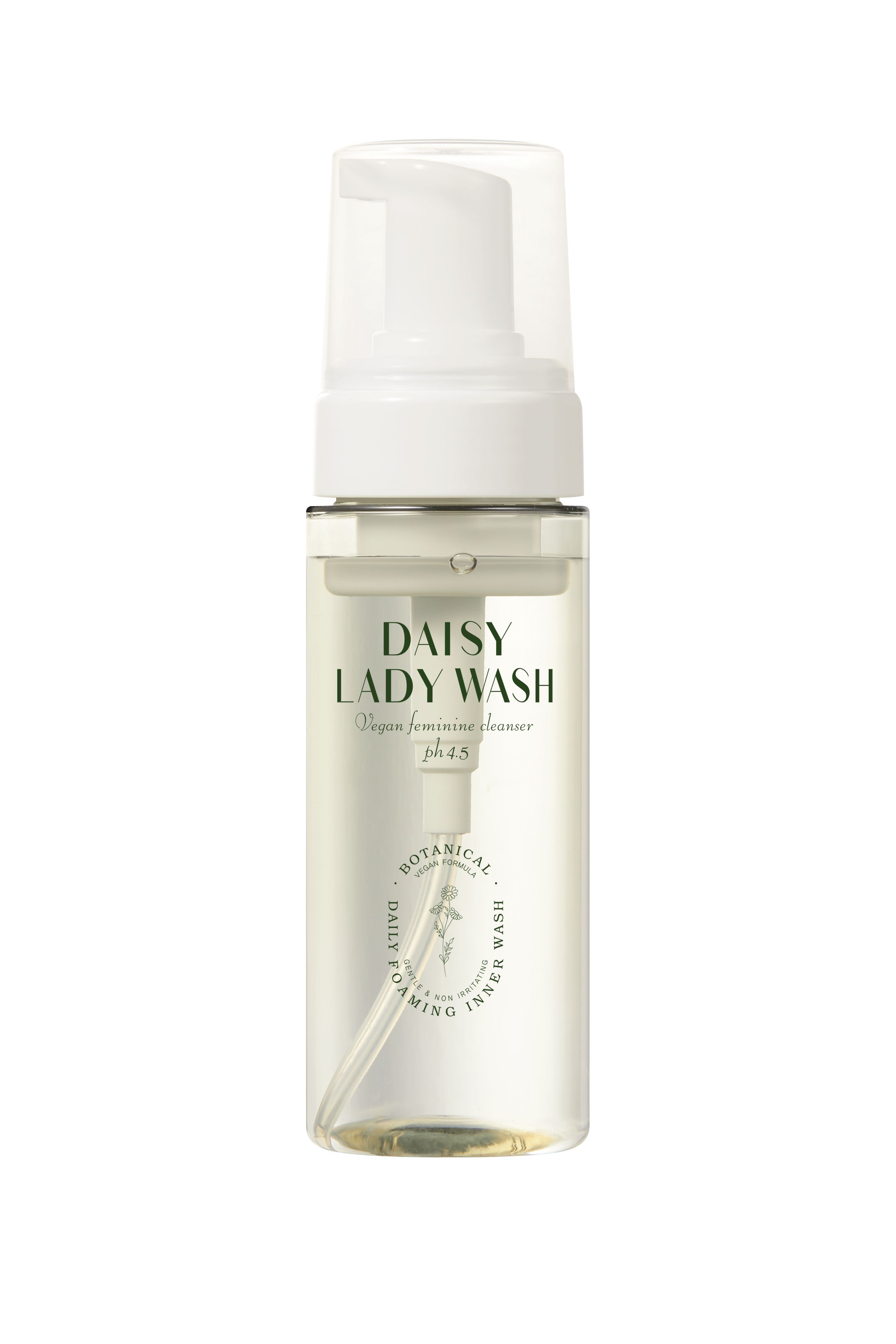 Transparente Flasche mit weißem Pumpkopf. Aufschrift: DAISY LADY WASH, veganer Intimreiniger, pH 4,5. Botanisches Logo.