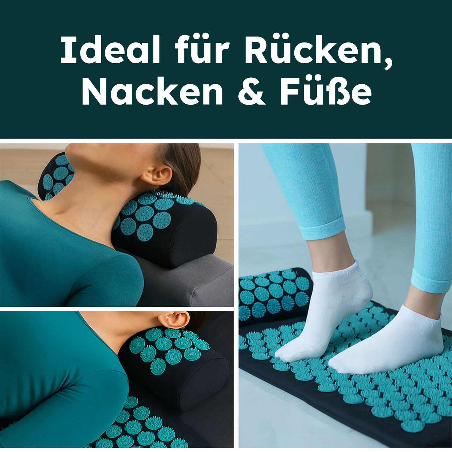 Kollage mit Bildern von Personen auf Akupressurmatten. Text: Ideal für Rücken, Nacken & Füße.