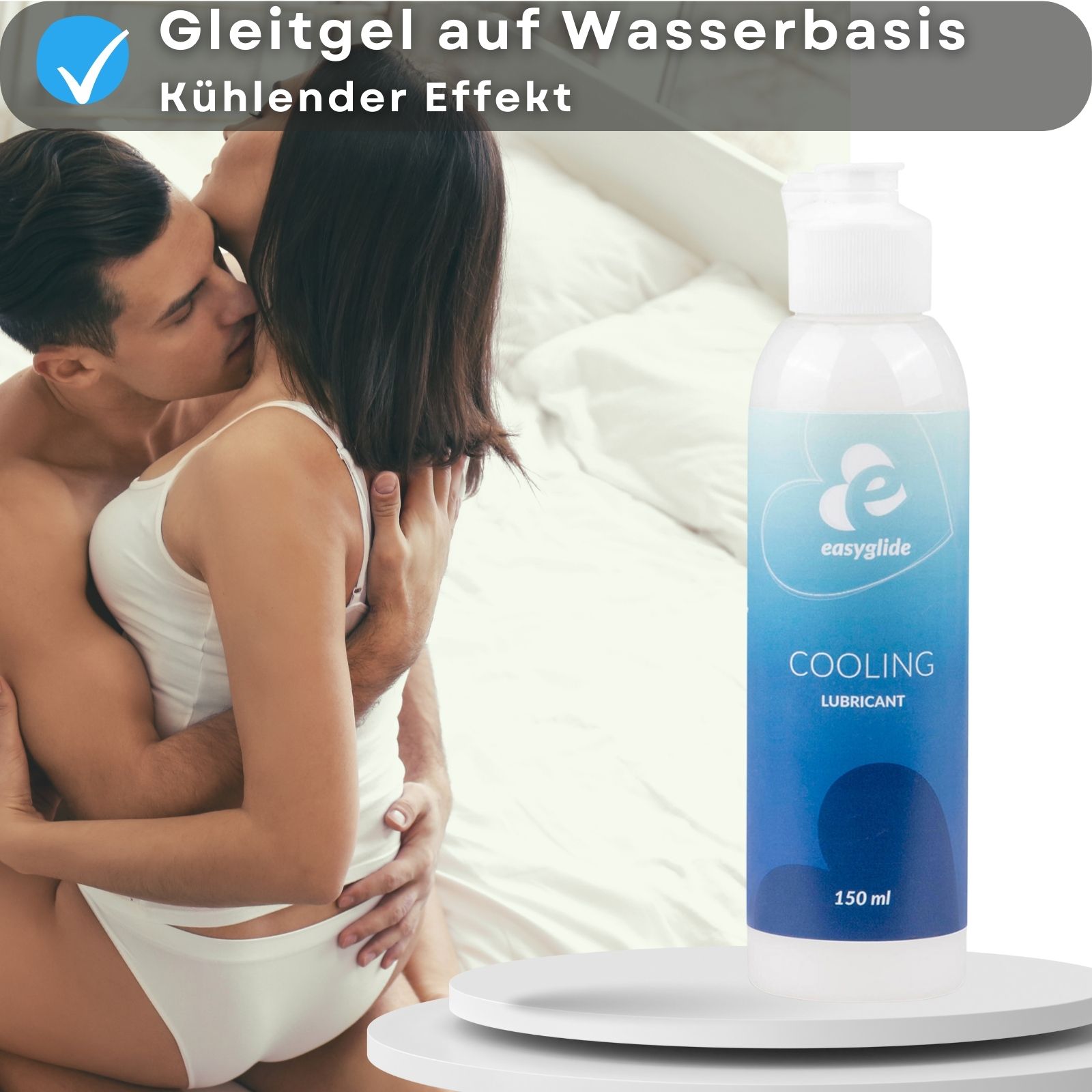 Flasche mit weißem Deckel. Aufschrift: Easyglide, Cooling Lubricant. Blaue Farbverläufe. 150 ml. Paar umarmt sich.