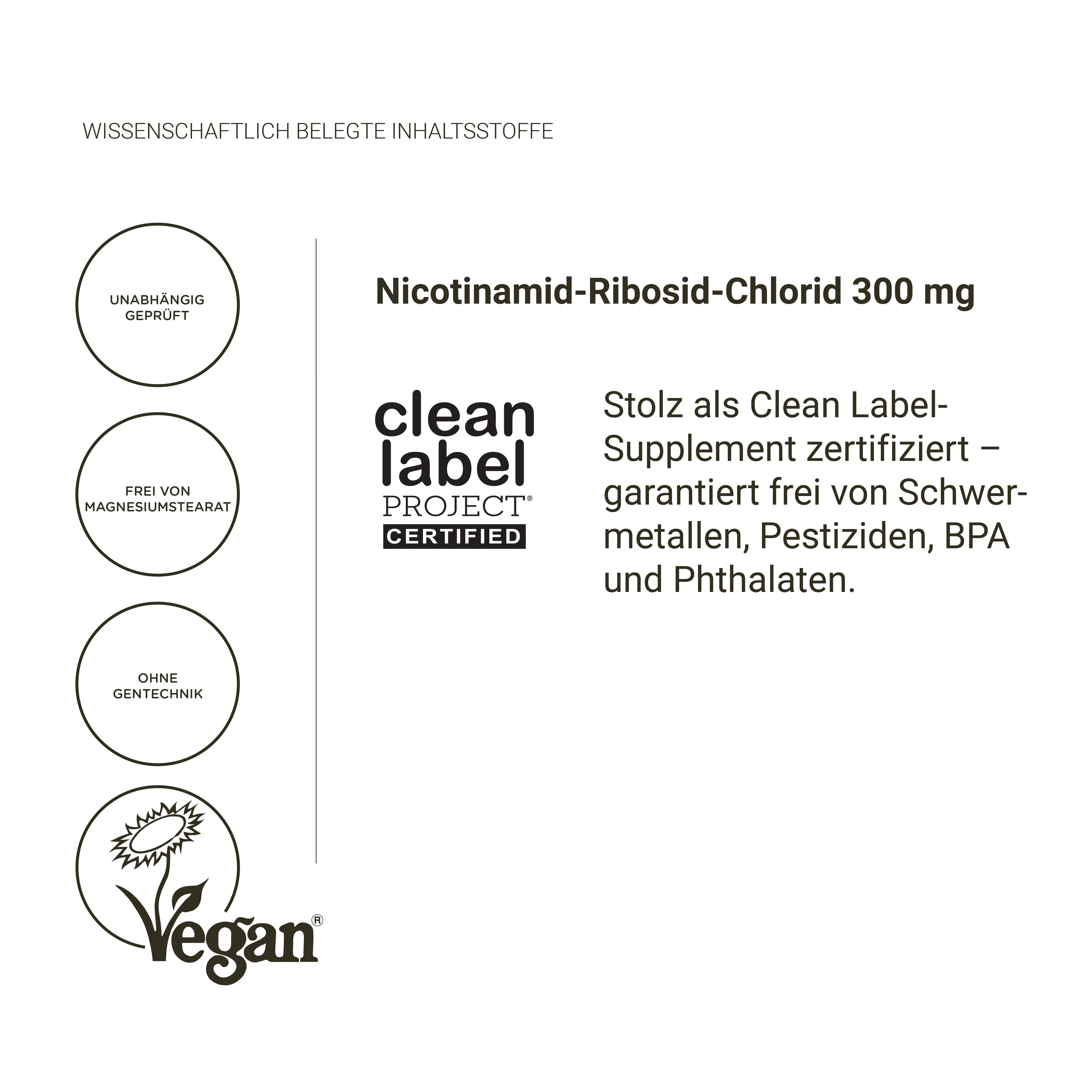 Text: Nicotinamid-Ribosid-Chlorid 300 mg. Clean Label Project zertifiziert. Vegan. Frei von Magnesiumstearat. Ohne Gentechnik.