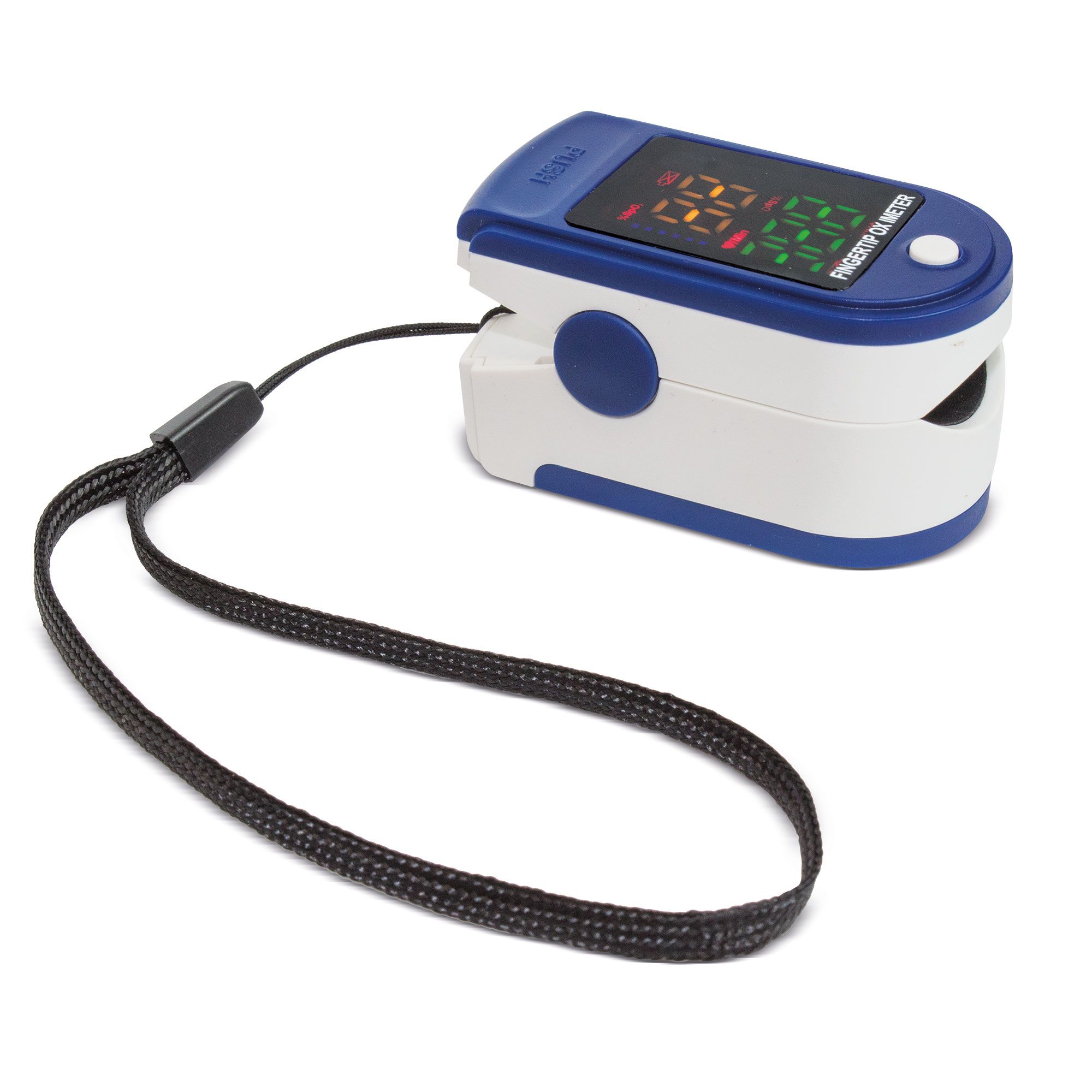 Blau-weißer Pulsoximeter mit Display und Trageschlaufe. Zeigt Messwerte an. Kompaktes Design.
