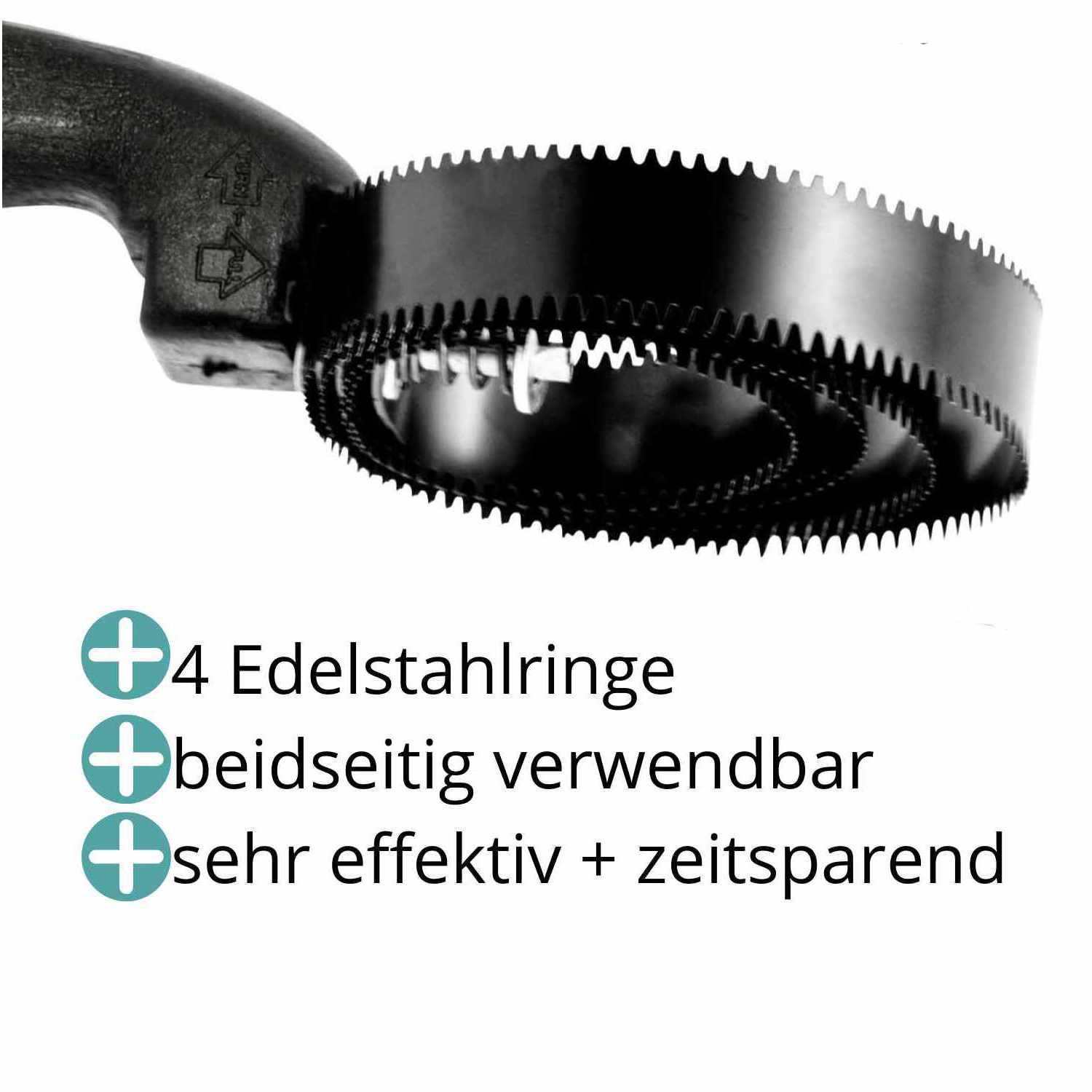 Spiralstriegel mit schwarzem Griff. Text: 4 Edelstahlringe, beidseitig verwendbar, sehr effektiv + zeitsparend.