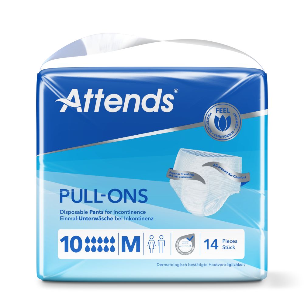 Attends Pull-Ons 10. Blaue Verpackung mit Produktinformationen. 14 Stück. Größe M. Dermatologisch getestet.