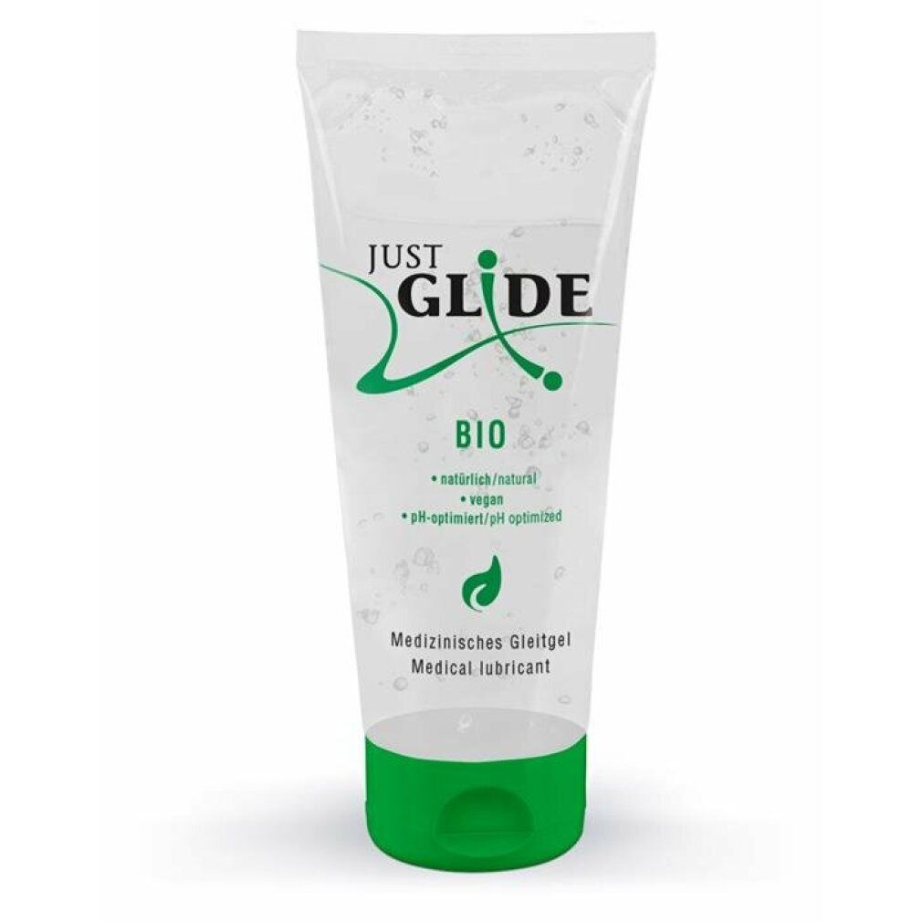 Transparente Tube mit grünem Verschluss. Aufschrift: JUST GLIDE BIO. Enthält Informationen zu Inhaltsstoffen und Zertifizierungen.