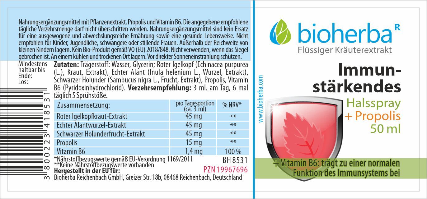 Etikett mit Produktname, Logo und Inhaltsangaben. Text in deutscher Sprache. Grün-weißes Etikett mit Text.