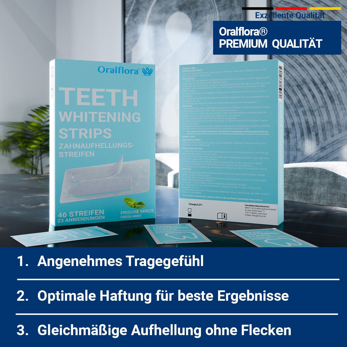 Oralflora Teeth Whitening Strips Packung mit 46 Streifen für 23 Anwendungen. Premium Qualität.