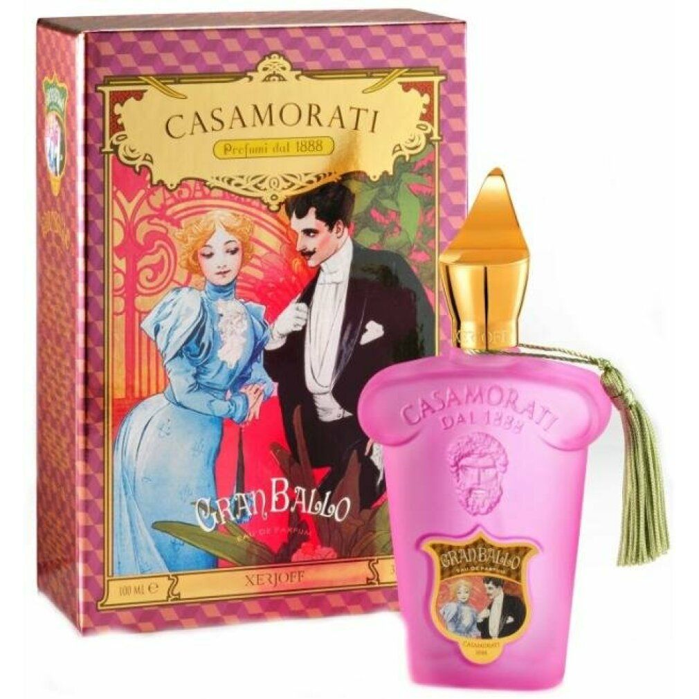 Rosa Flakon mit goldener Kappe und Quaste. Verpackung mit Illustration eines Paares. Text: Casamorati, Gran Ballo, Xerjoff.