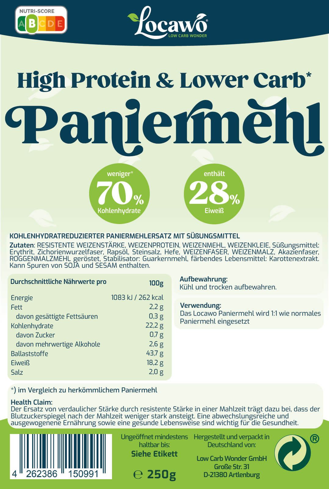 Verpackung von Locawo Paniermehl. Text: High Protein & Lower Carb, 70% weniger Kohlenhydrate, 28% Eiweiß.