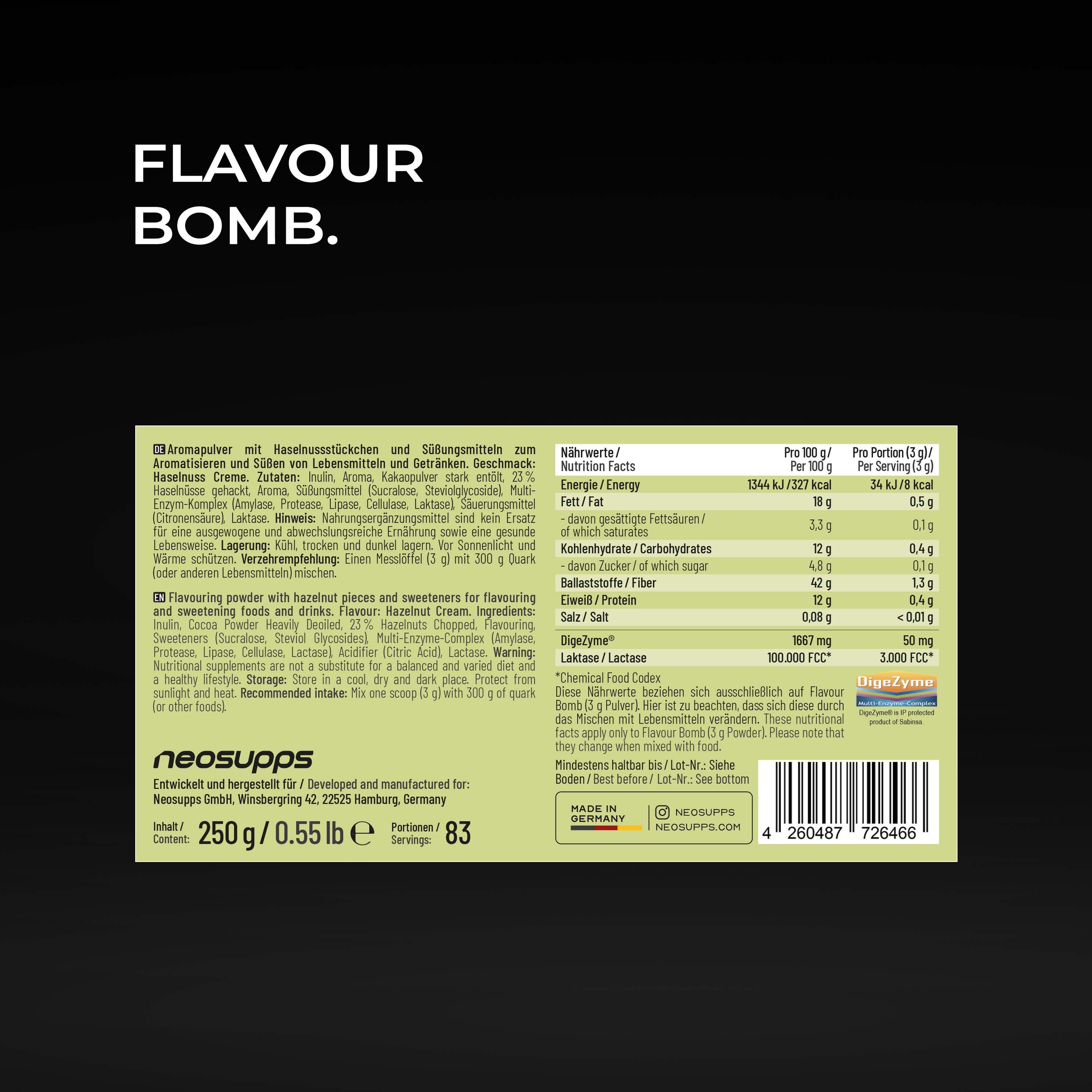 Neosupps Flavour Bomb Vanille Cream Aromapulver mit Karamellstückchen.