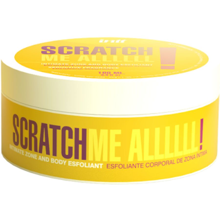 Gel-Behälter mit gelbem Deckel und Band. Aufschrift: SCRATCH ME ALLLLLL! Intimzone und Körper-Peeling. Gelbe Schrift auf weißem Hintergrund.