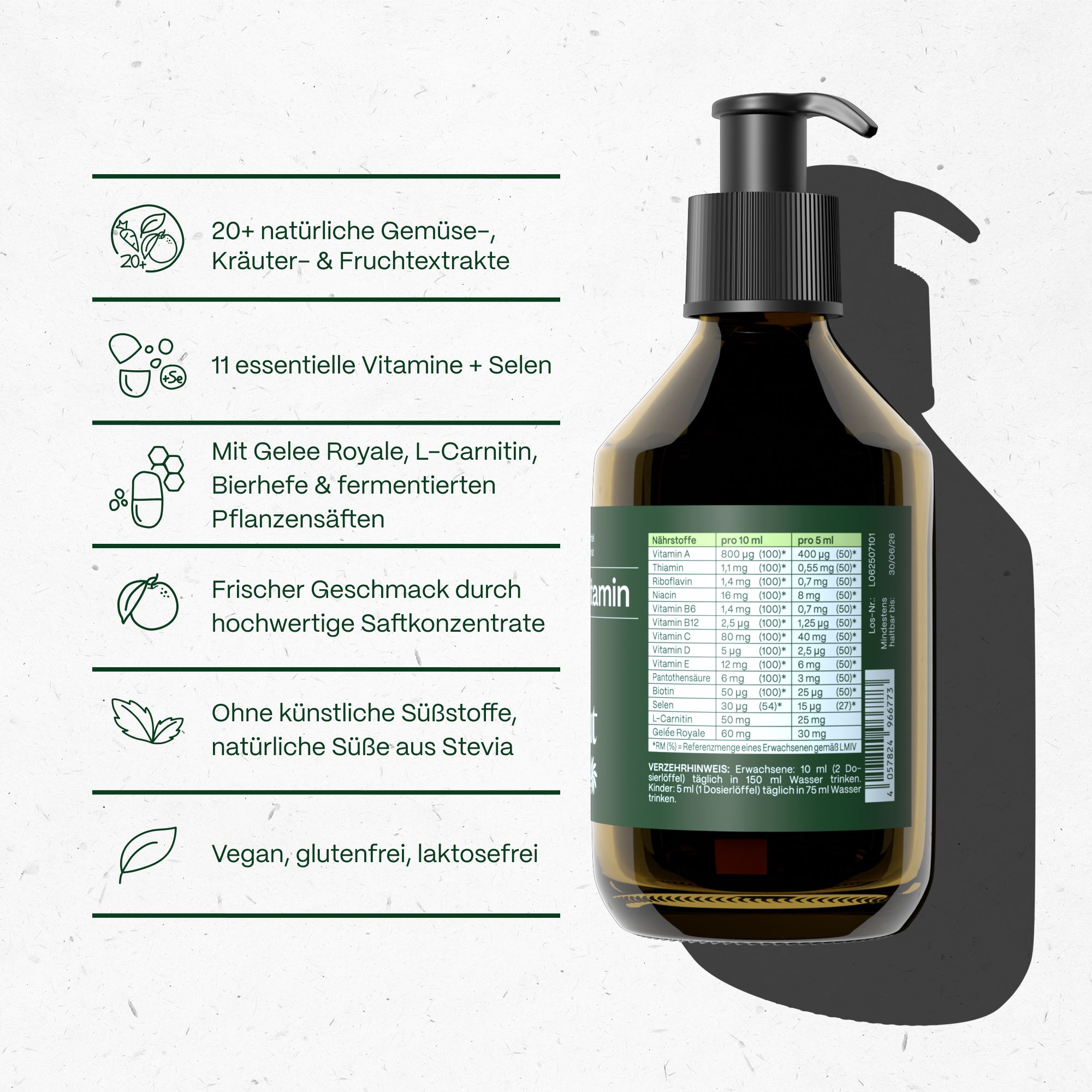Braune Glasflasche mit schwarzem Pumpverschluss. Etikett mit Produktinformationen und Inhaltsstoffen.