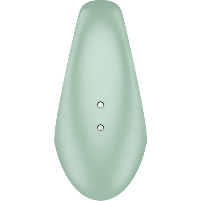 Mintfarbener Penisring mit Fingervibrator. Tropfenförmig mit zwei Öffnungen. Aus Silikon.