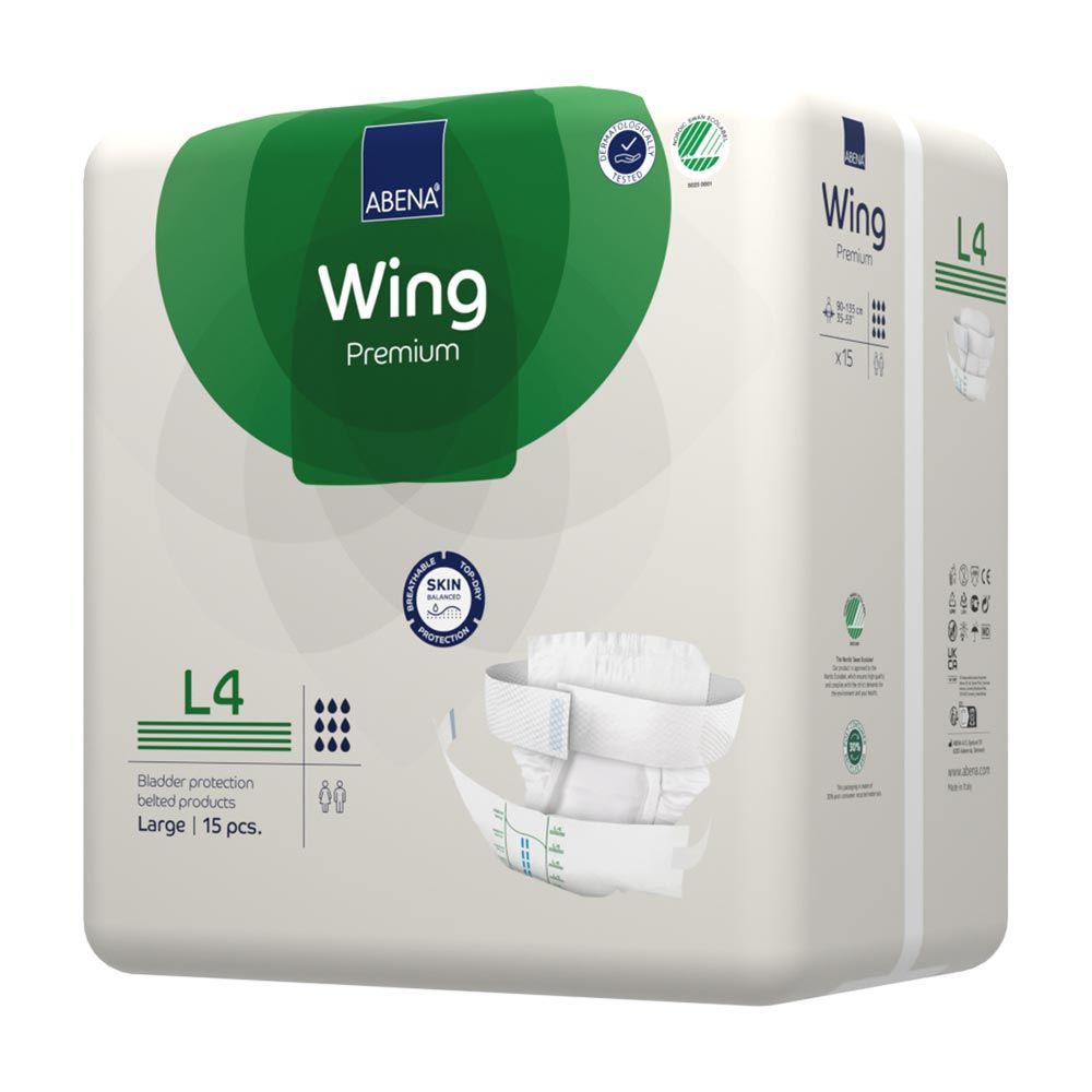 Verpackung mit ABENA Wing L4. Auf der Verpackung steht "Wing Premium" und "L4". Ein Produkt ist teilweise ausgepackt.