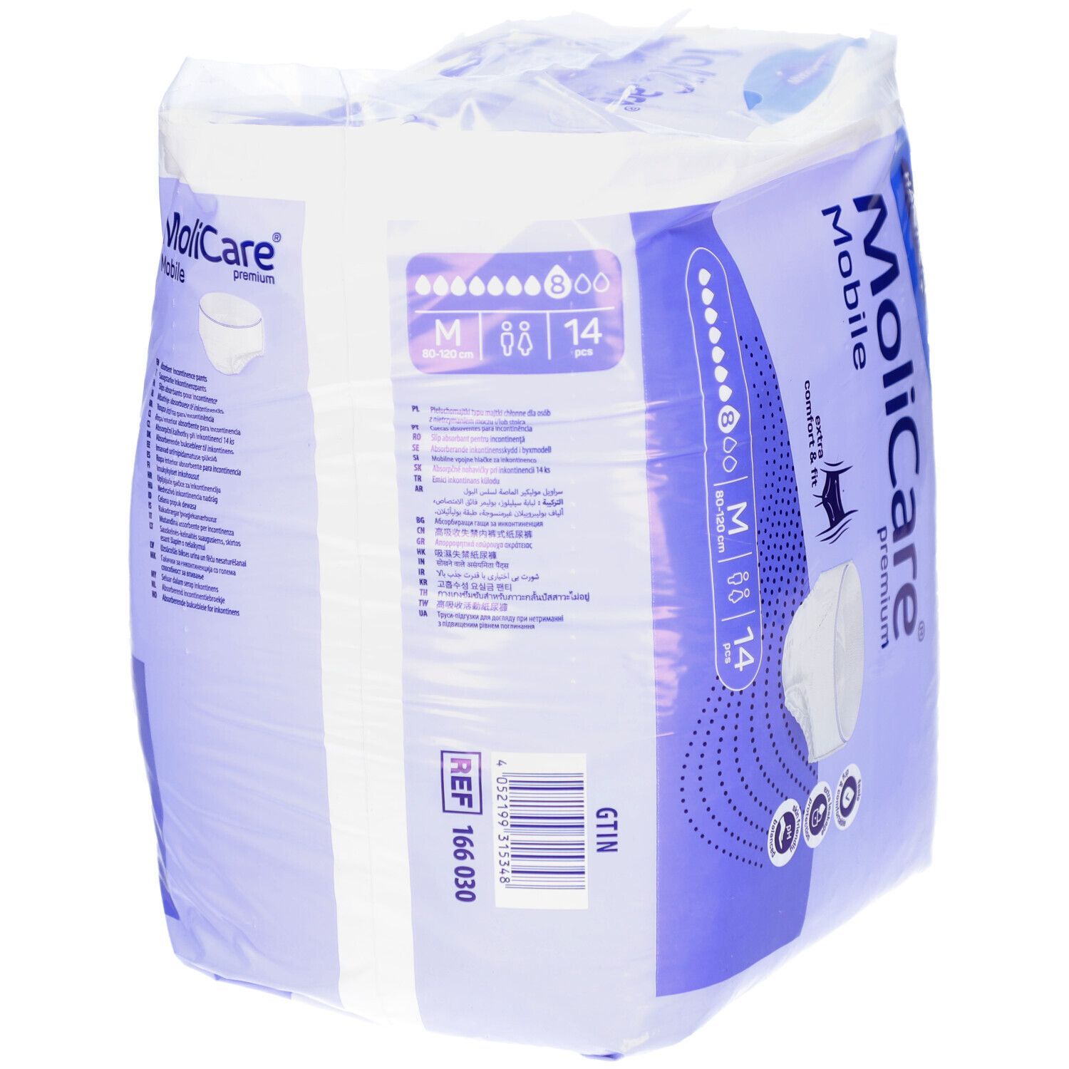 Verpackung MoliCare® premium Mobile Pants M. Enthält 14 Stück. Größe M, 80-120 cm. Marke Hartmann.