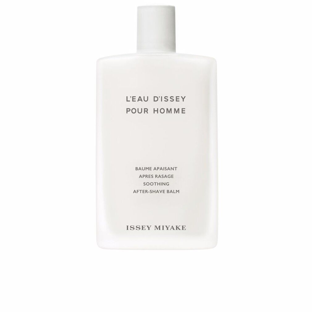 Weißer Flakon mit weißem Verschluss. Aufschrift: L'Eau d'Issey pour Homme, Baume Apaisant, Après Rasage, Soothing, After-Shave Balm. Marke: Issey Miyake.