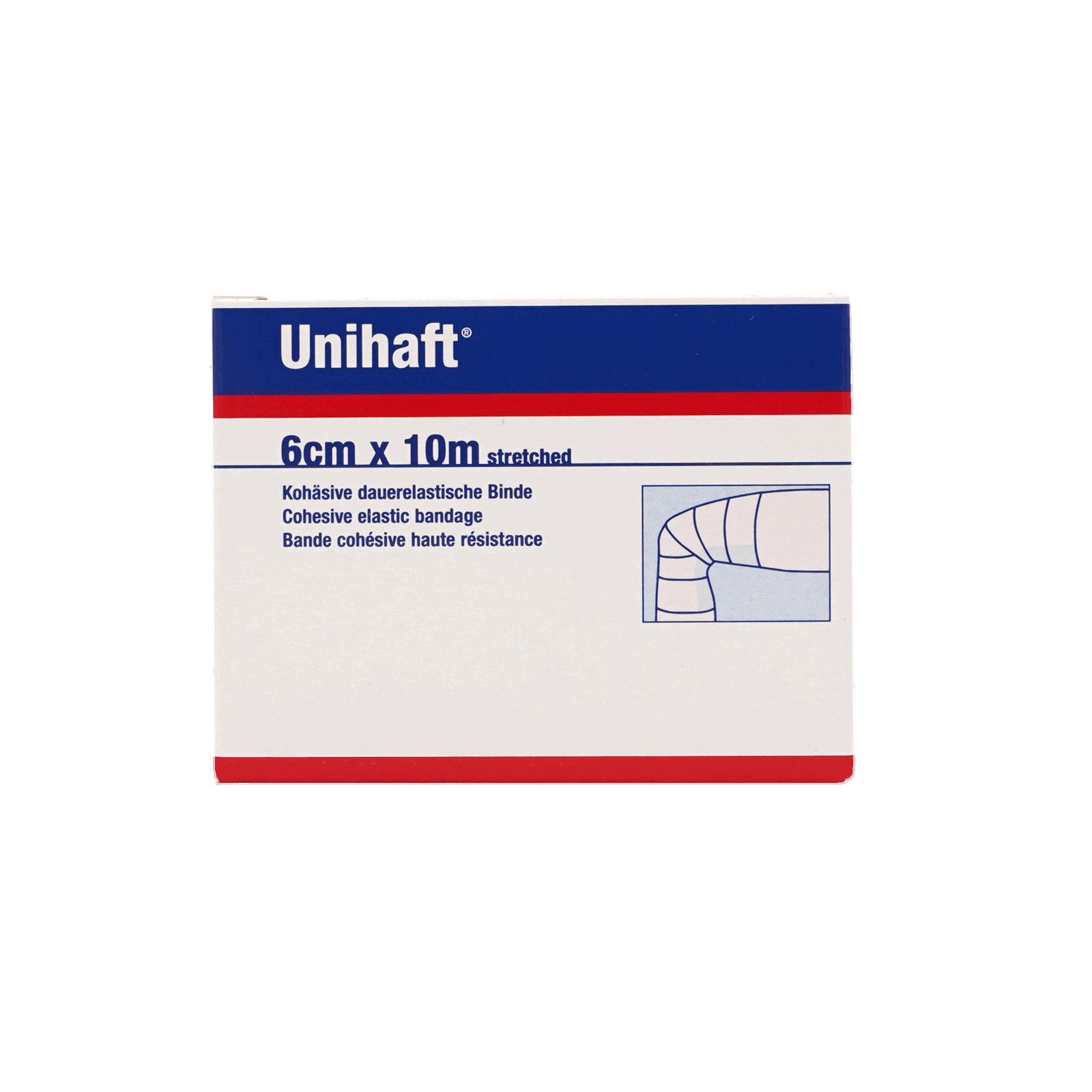 Unihaft® Idealbinde, 6 cm x 10 m, in Verpackung. Aufdrucke: Kohäsive dauerelastische Binde, Cohesive elastic bandage, Bande cohésive haute résistance. Illustration eines Knies.