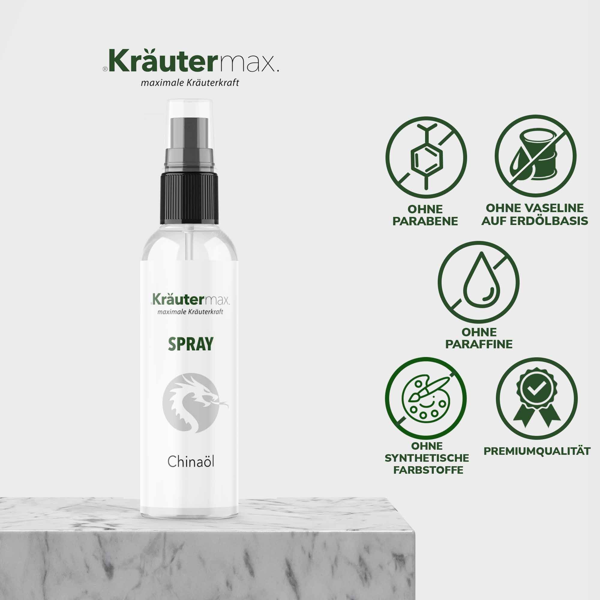 Kräutermax Spray-Flasche mit grünen Symbolen: Ohne Parabene, Vaseline, Paraffine und synthetische Farbstoffe. Premiumqualität.