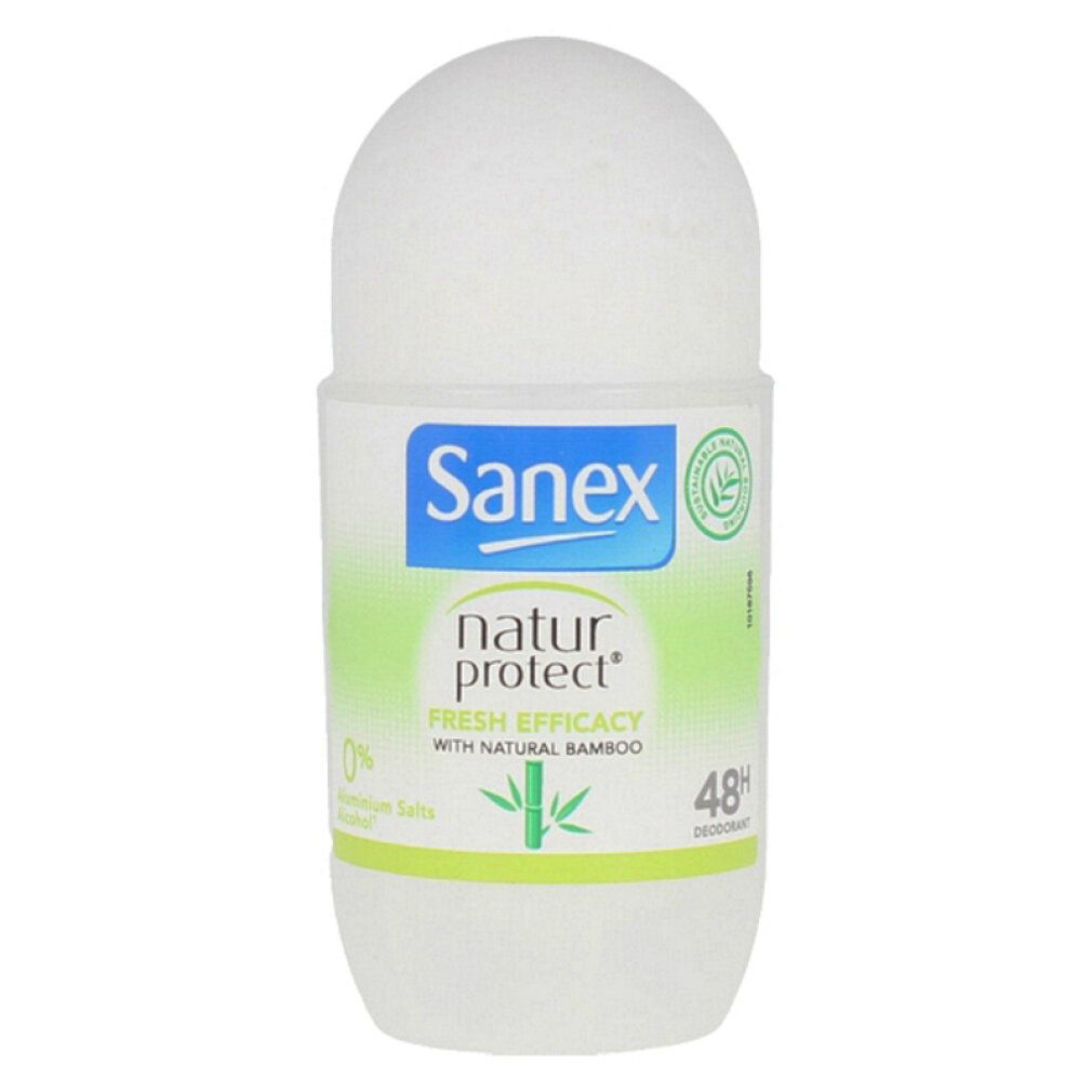 Sanex Natur Protect Roll-on-Deodorant. Weißes Gehäuse mit Roll-on-Kopf. Enthält Bambus. 48 Stunden Schutz. Ohne Aluminiumsalze.