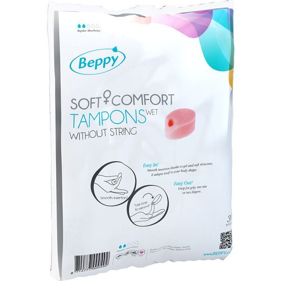 Verpackung mit "Beppy Soft Comfort Tampons wet without string". Produktabbildung und Anwendungsbeispiele.