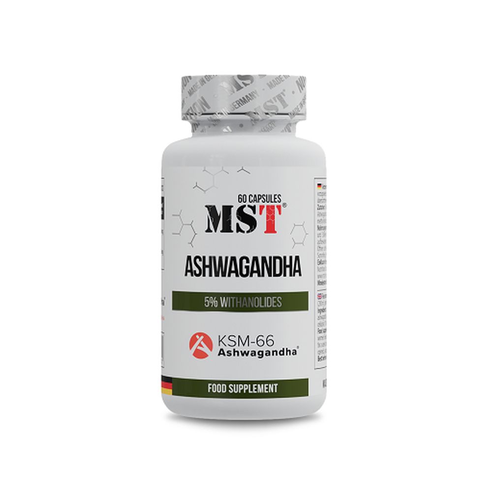 Weiße Flasche mit Kapseln. Aufschrift: MST Ashwagandha, 5% Withanolides, KSM-66. Grüner Streifen.