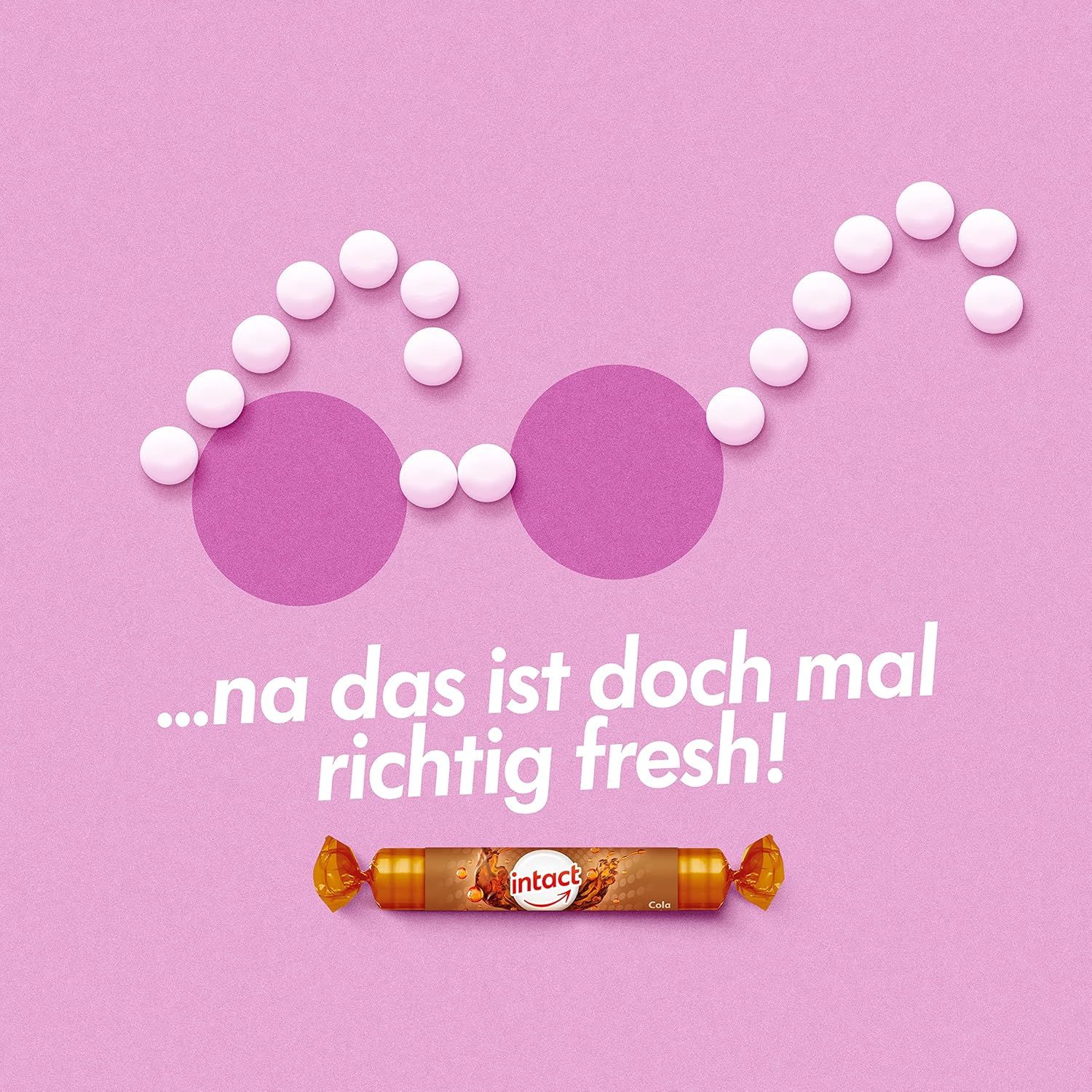 Eine Rolle Traubenzucker und Tabletten bilden eine Brille. Text: ...na das ist doch mal richtig fresh!