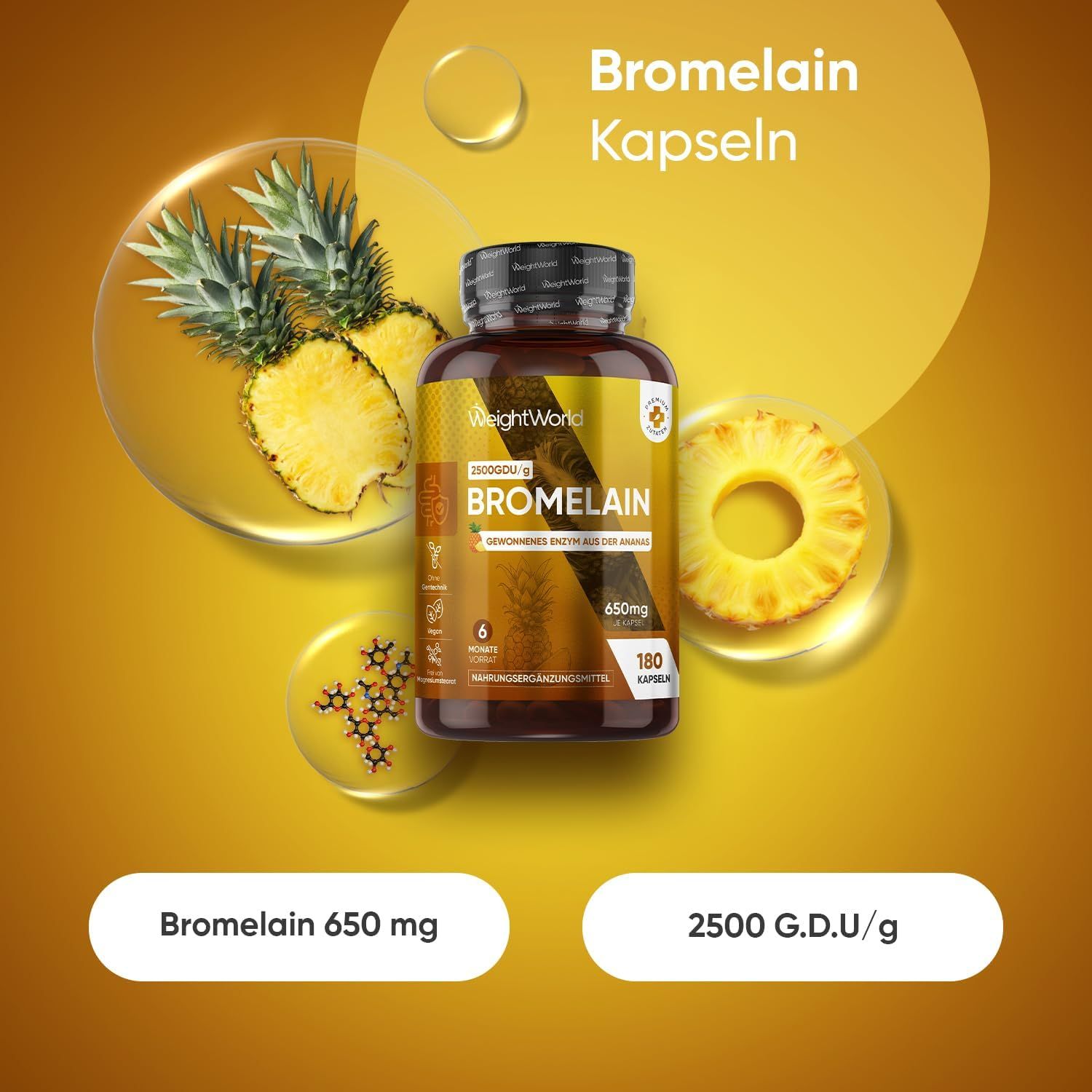 Produktabbildung mit WeightWorld Bromelain Kapseln, Ananas-Illustrationen und gelben Kreisen. Text: Bromelain 650 mg, 2500 G.D.U./g, 180 Kapseln.