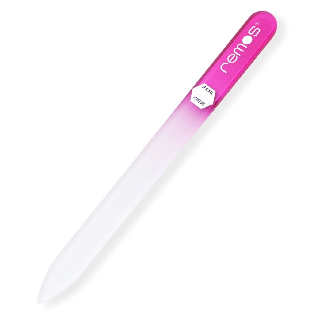 Glasnagelfeile mit pinkfarbenem Griff, beidseitig nutzbar. Marke: remos.