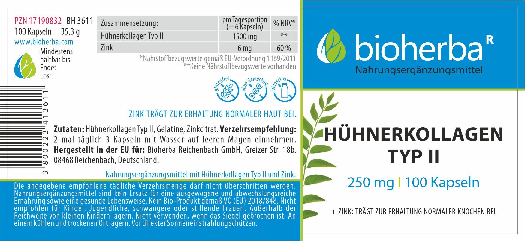 Etikett mit Produktinformationen: Hühnerkollagen Typ II, 250 mg, 100 Kapseln. Enthält Zink. Bioherba Logo.