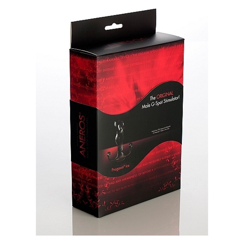 Verpackung mit Produktabbildung und Text. Schwarzer Karton mit rotem Muster und Produktname.