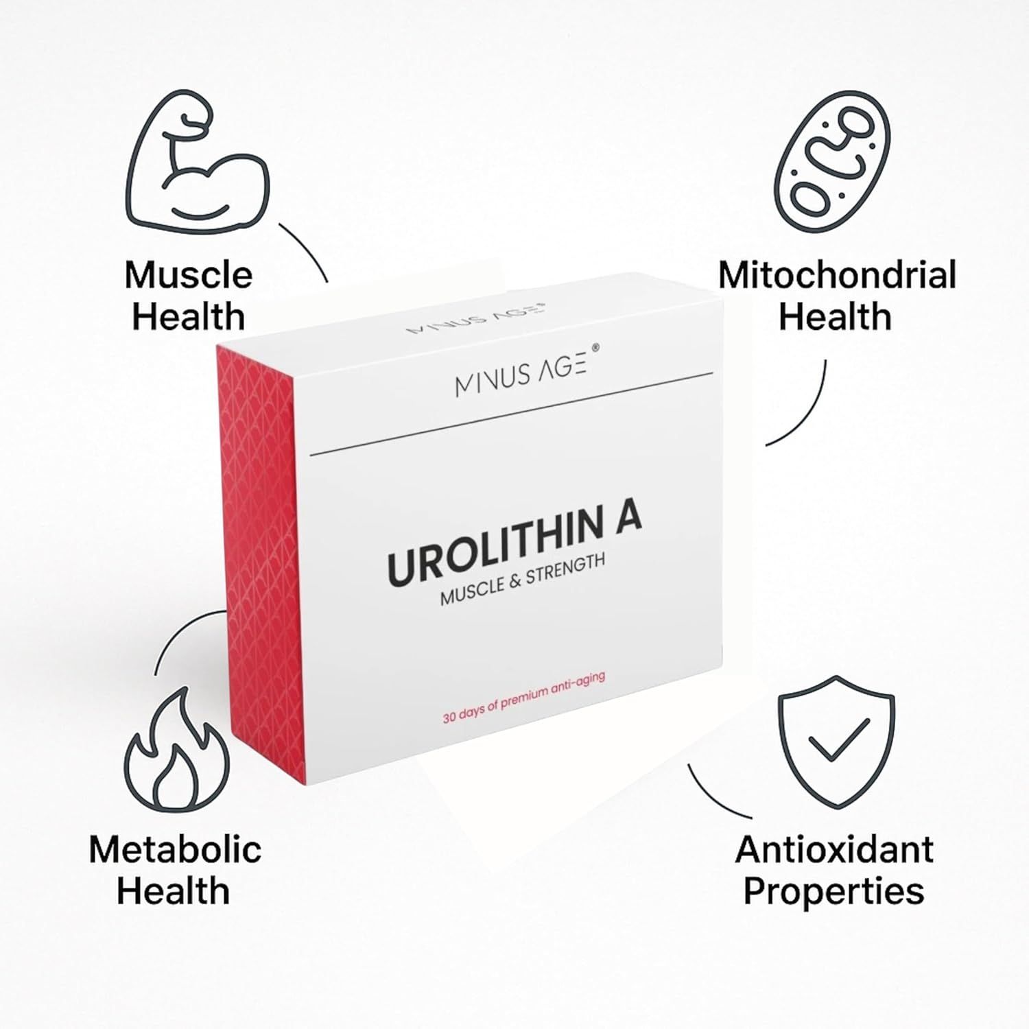 Weißer Karton mit roter Seite. Aufschrift: Urolithin A, Muscle & Strength. Diagramme: Muskel-, Mitochondrien-, Stoffwechsel- und Antioxidantien-Gesundheit.