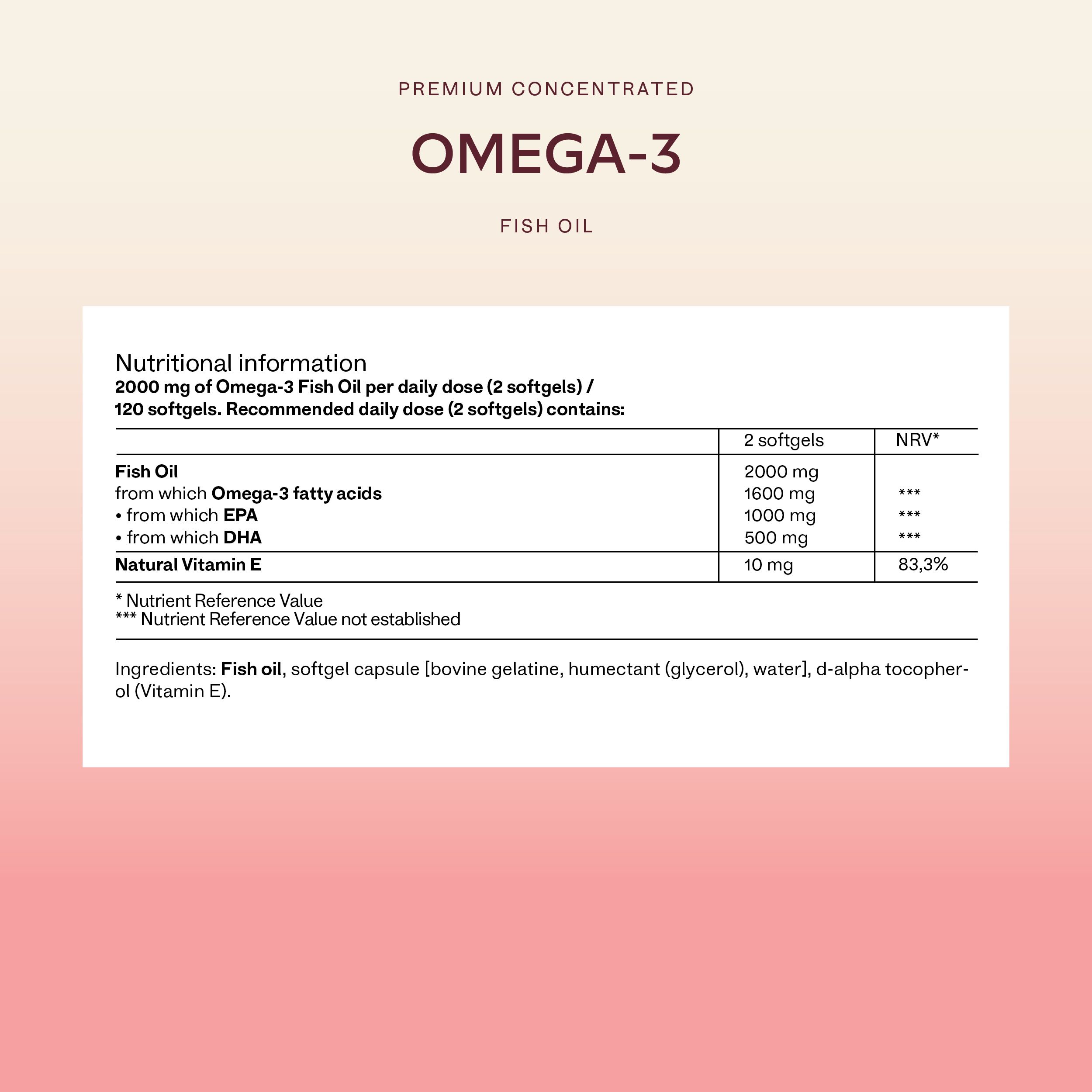 Nährwerttabelle für Omega-3-Fischöl. Enthält EPA, DHA und Vitamin E. 2 Kapseln.