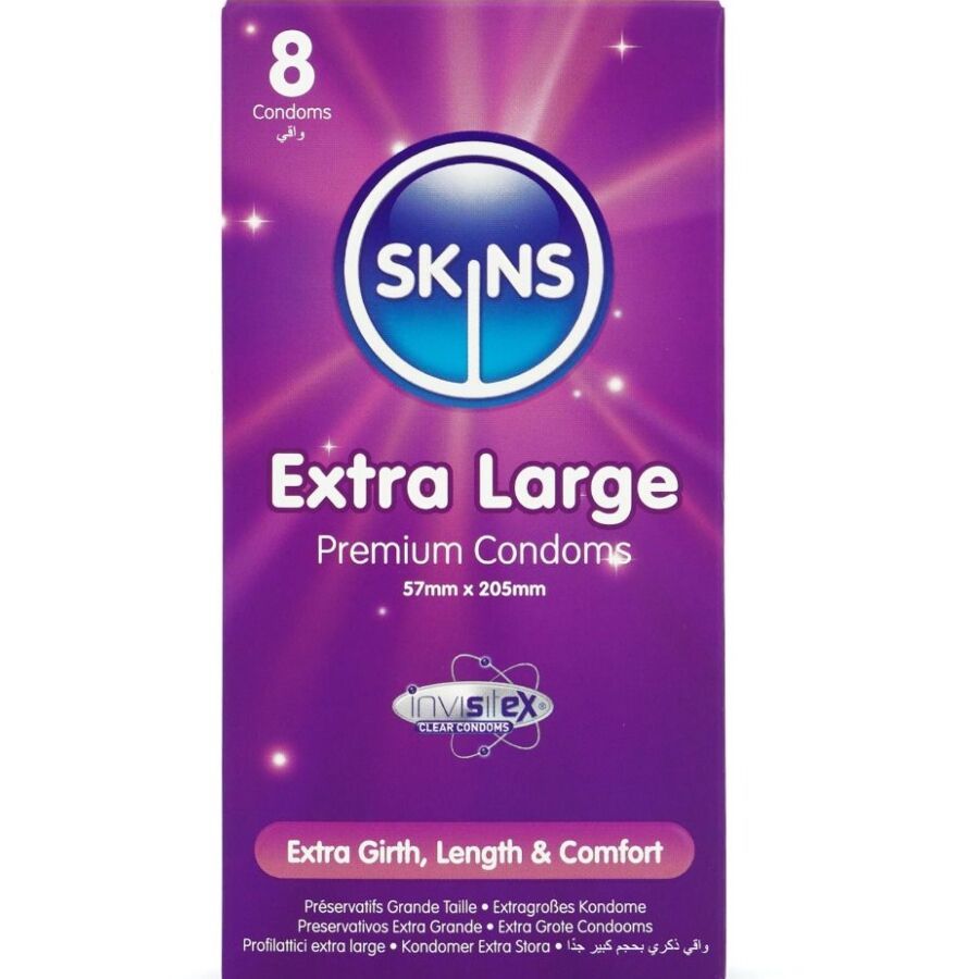 Verpackung mit 8 Kondomen. Aufschrift: SKINS Extra Large. Maße: 57mm x 205mm. Inhaltsstoffe und Zertifizierungen.