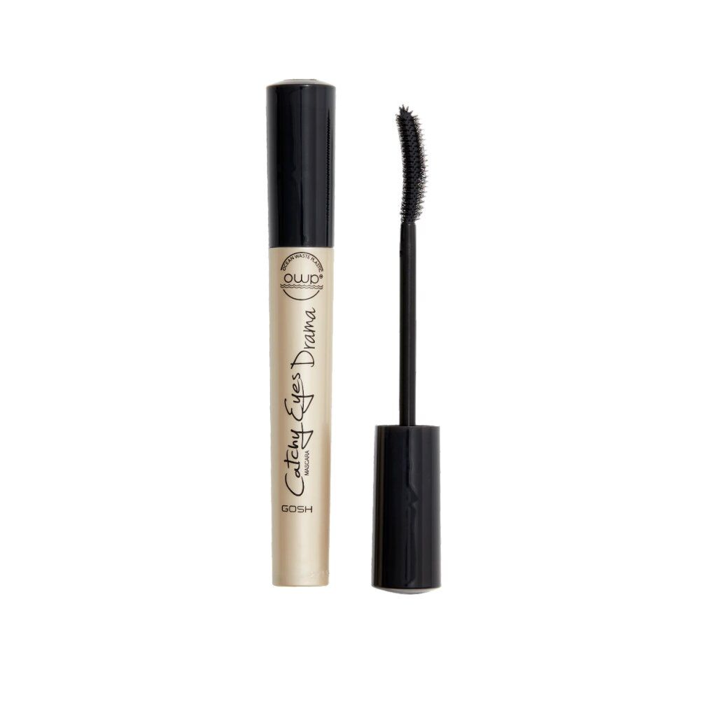 Mascara-Tube und Bürste. Aufschrift: Catchy Eyes Drama, GOSH. Beige Tube, schwarze Kappe und Bürste.