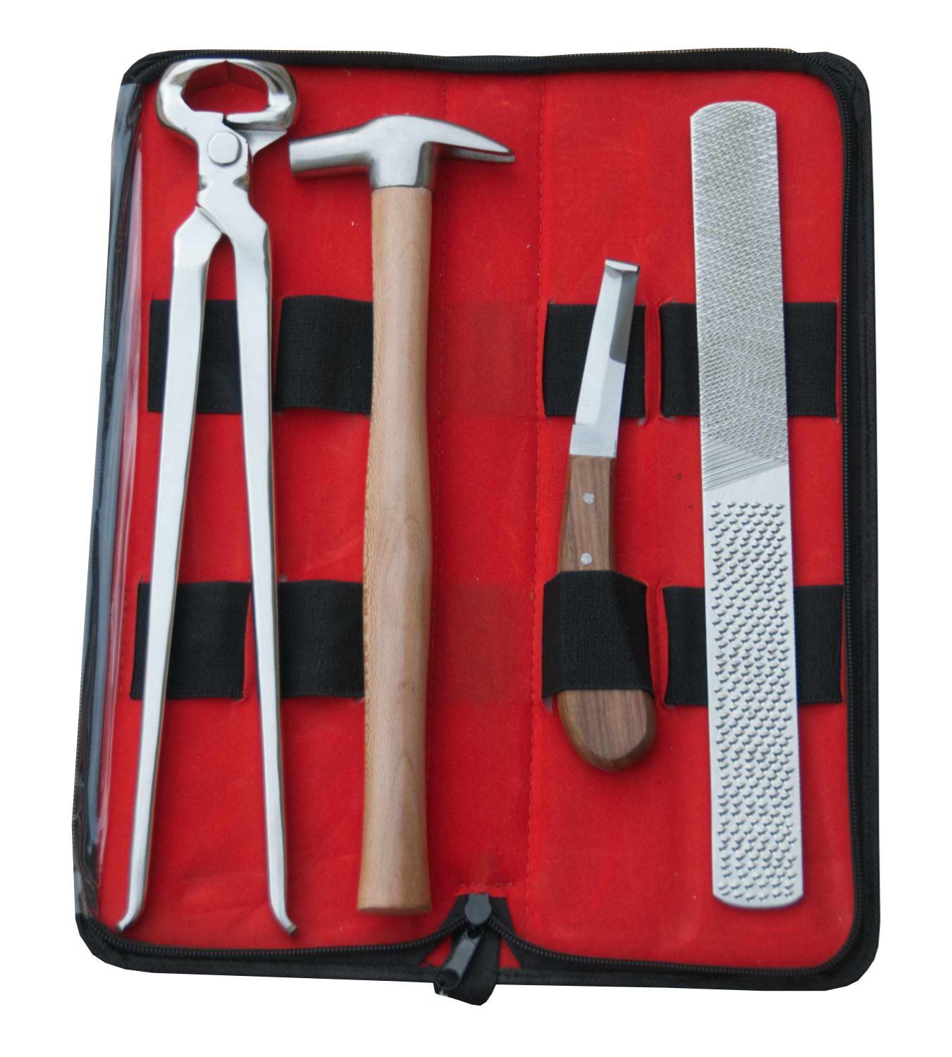 Werkzeugtasche mit Hufzange, Hammer, Hufmesser und Raspel. Rotes Innenfutter, schwarze Halterungen.