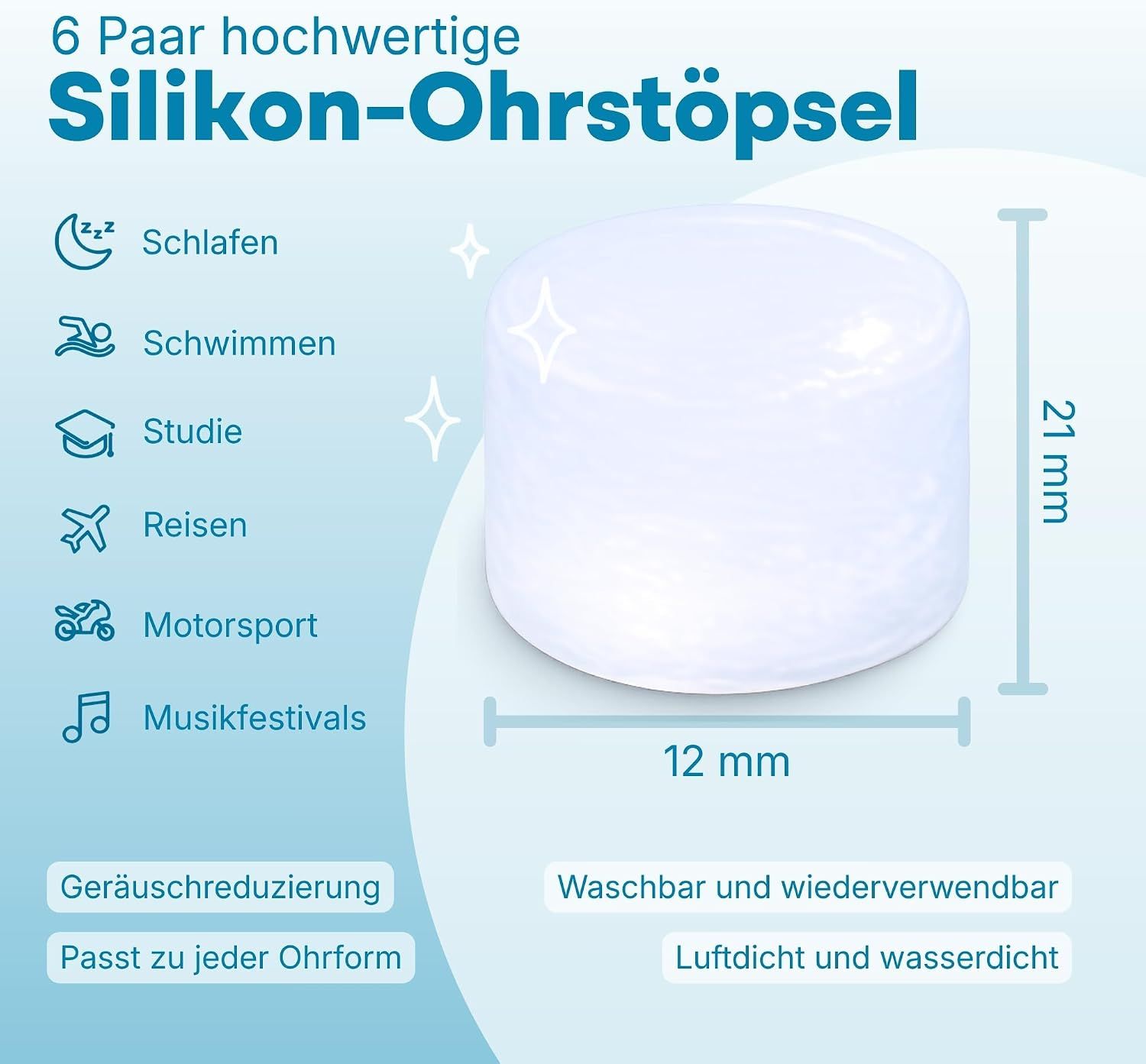Medi Grade Silikon-Ohrstöpsel im Reisebeutel und Schlafmaske.