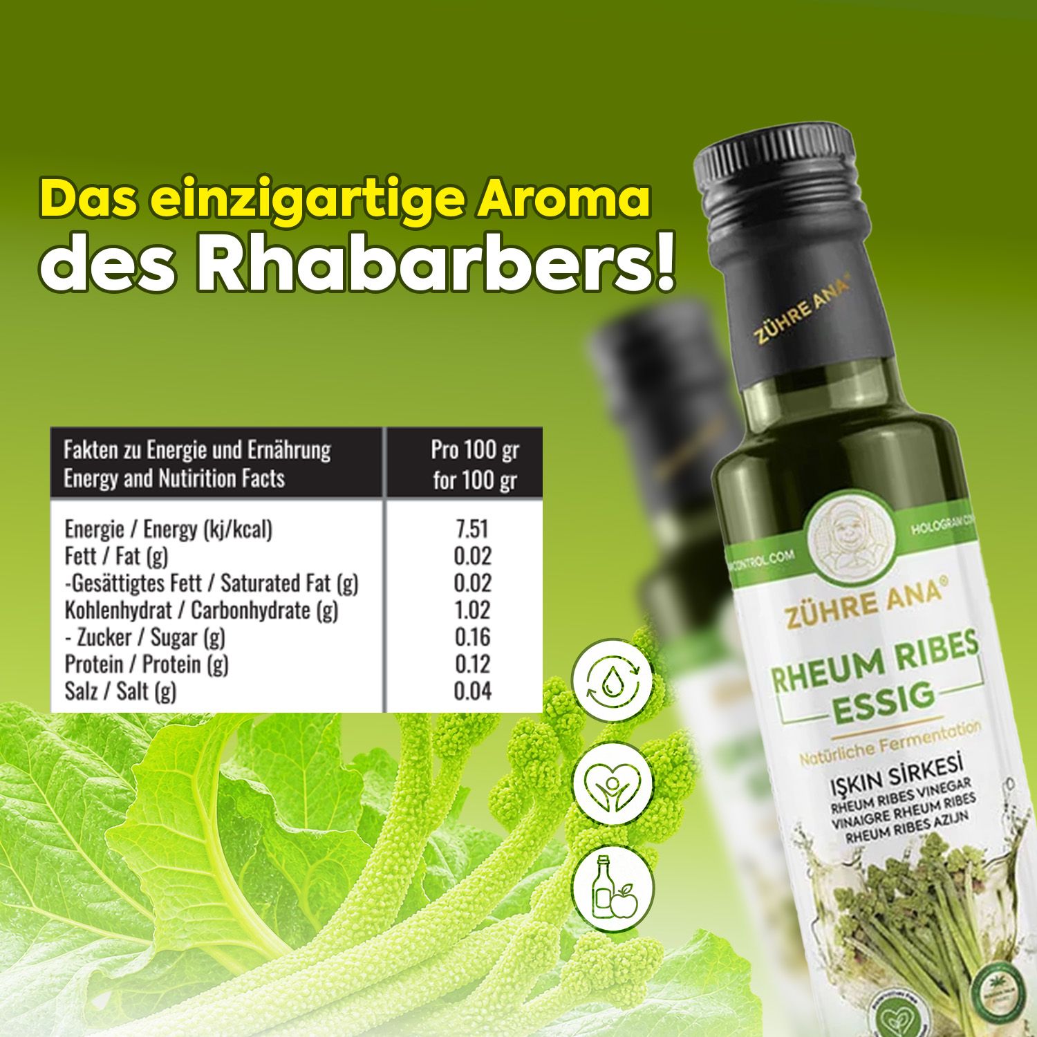 Flasche Rhabarberessig mit Nährwertangaben und Rhabarberpflanze.