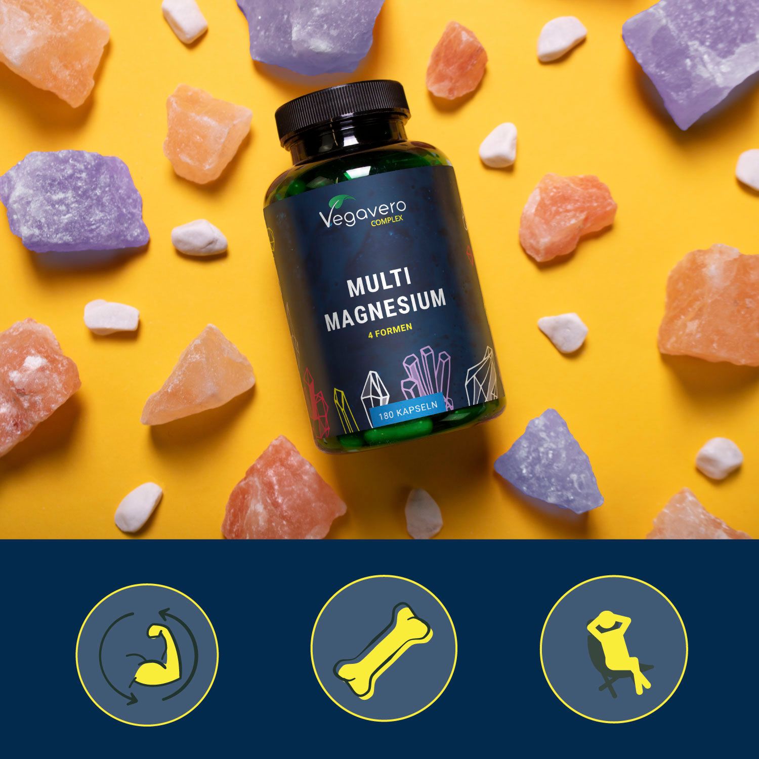 Grüne Flasche mit schwarzem Deckel, umgeben von farbigen Steinen. Aufschrift: Multi Magnesio, 4 forme, 180 capsule.