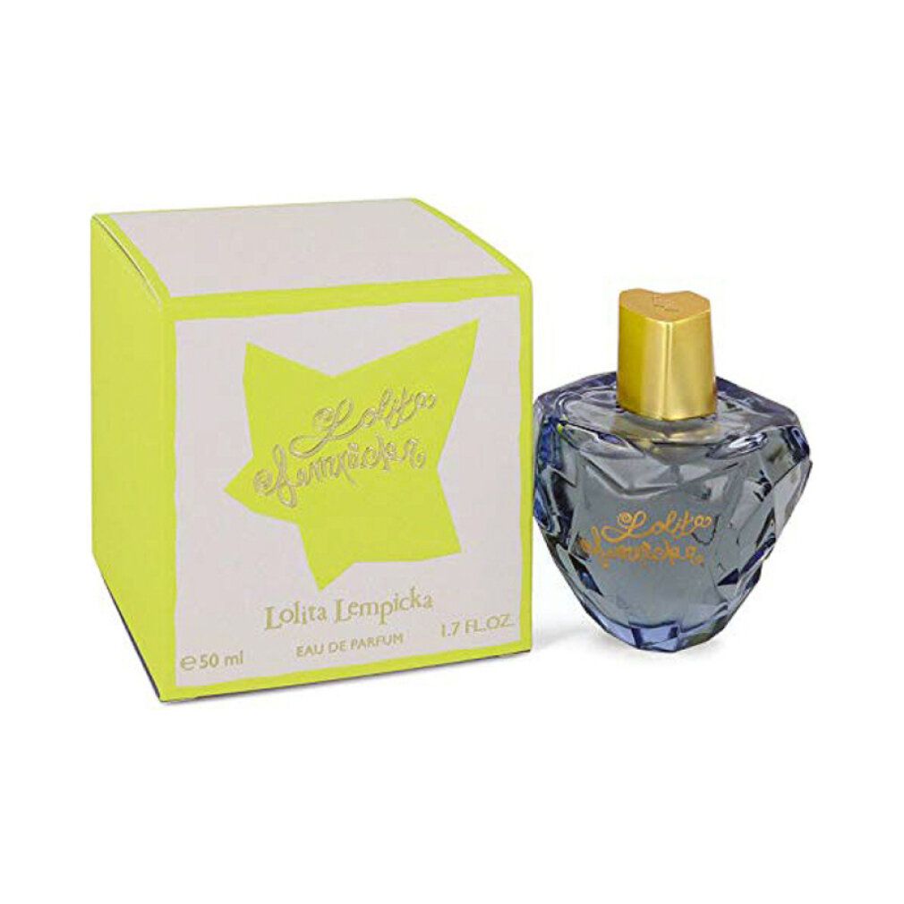 Parfümflakon und Schachtel. Flakon blau, goldener Deckel, goldene Schrift "Lolita Lempicka". Schachtel gelb-weiß.