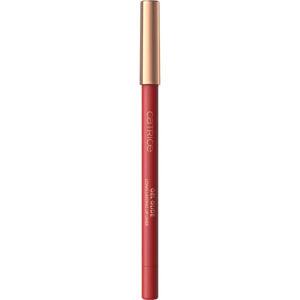 Roter Lippenkonturenstift mit goldener Kappe. Aufschrift: Catrice, Gel Glide, Long Lasting Lip Liner.
